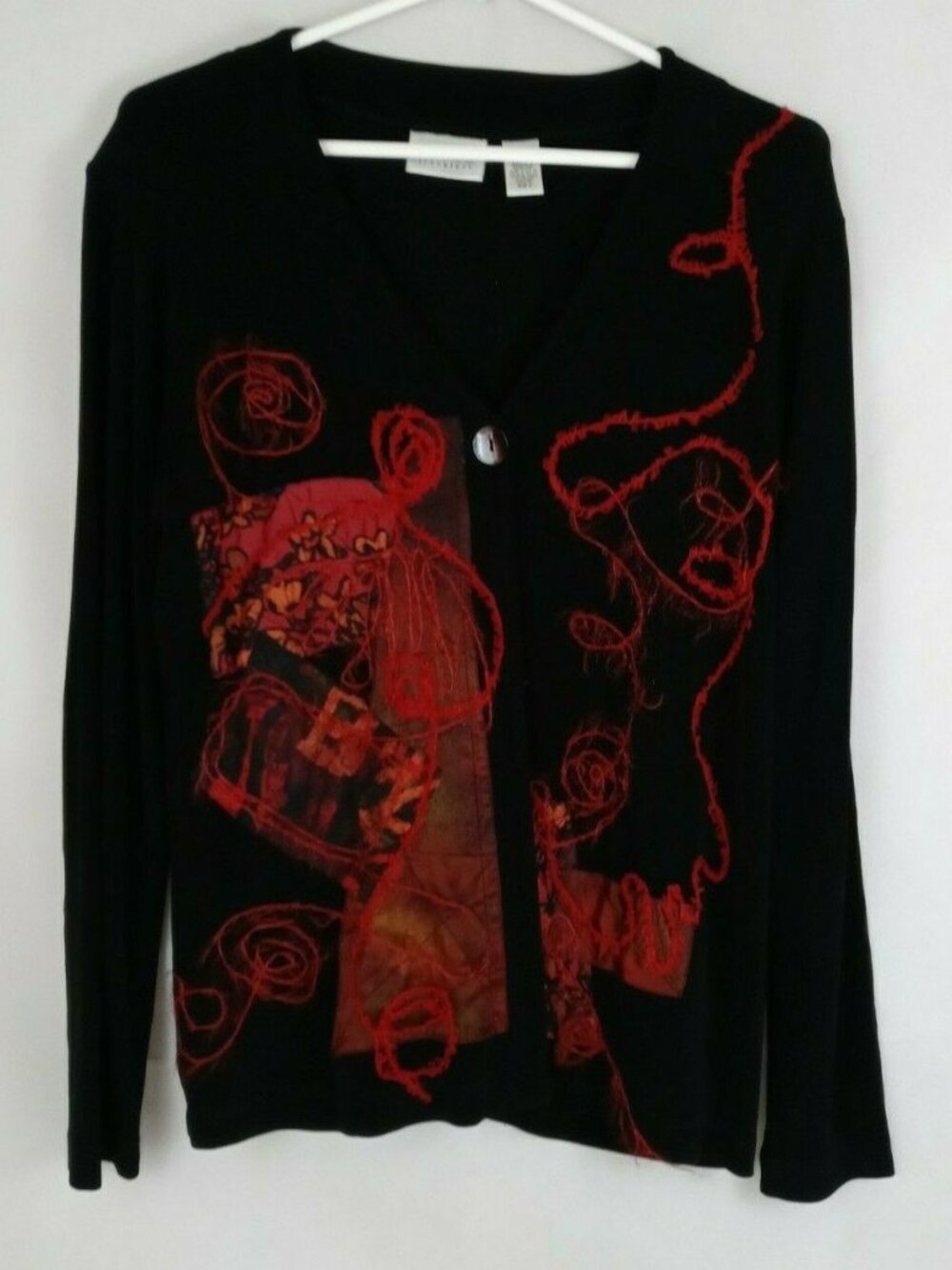 Chico's Traveler's Black One Button Cardigan Shirt W/ Red Fuzzy Embroidery Sz 0